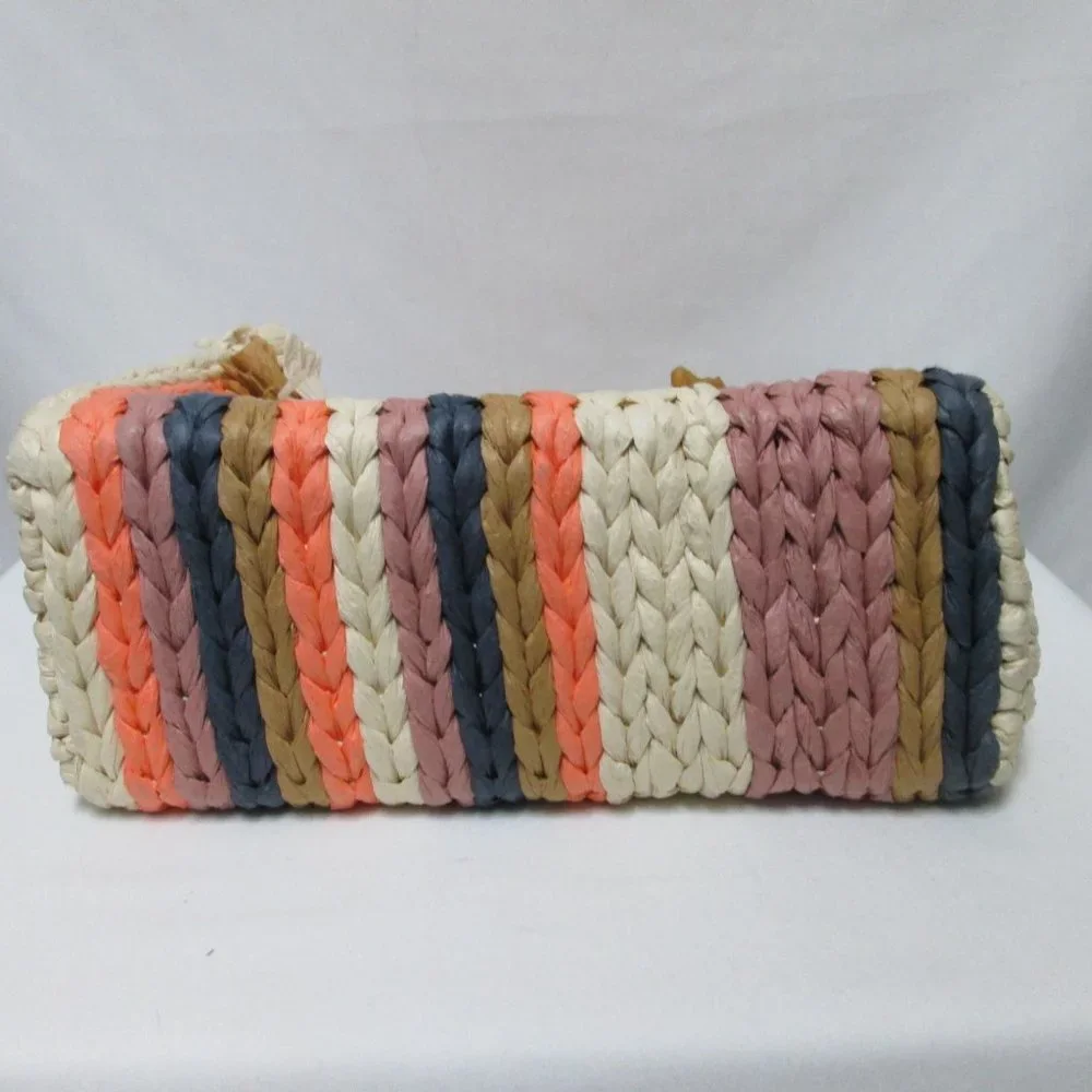 Vince Camuto Emei Woven Paper Satchel Tote Bag Purse removable strap striped NEW